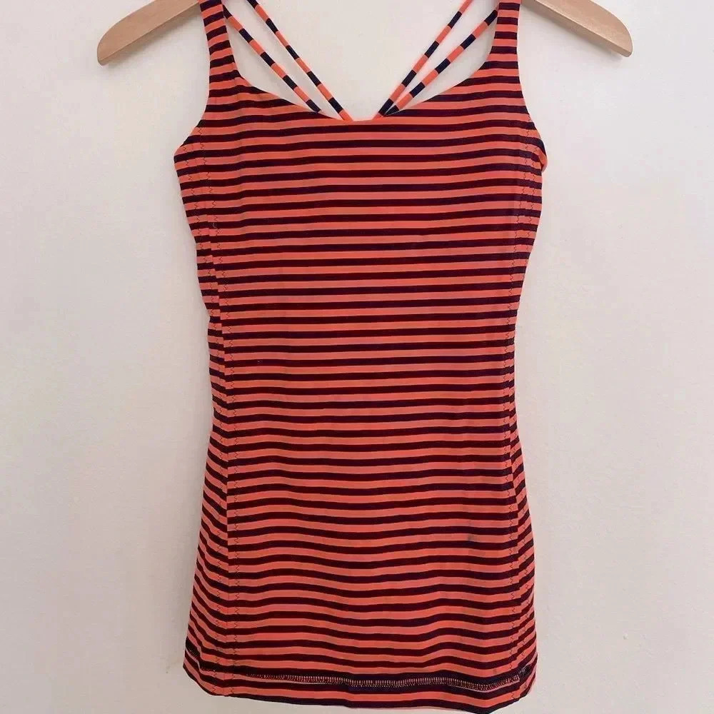Lululemon striped bra tank top with pads size 6 great condition navy and orange‎